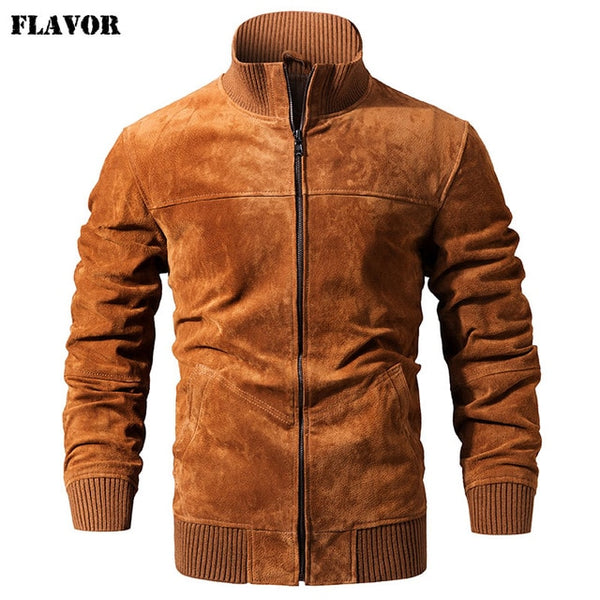 FLAVOR Men's Real Leather Jacket Men Pigskin Slim Fit Genuine Leather Coat With Rib Cuff Standing Collar