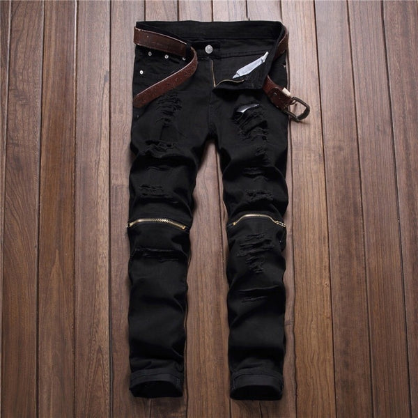 2019 autumn men Casual Denim Pants Classic Cowboys Young hole zipper jeans Slim men trousers Man black red white jeans trousers