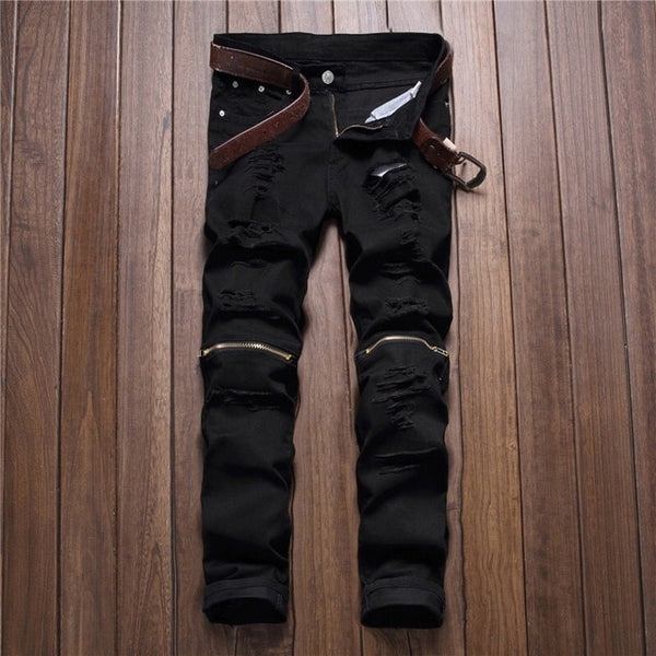 2019 autumn men Casual Denim Pants Classic Cowboys Young hole zipper jeans Slim men trousers Man black red white jeans trousers