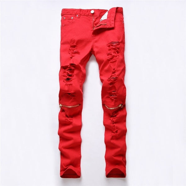 2019 autumn men Casual Denim Pants Classic Cowboys Young hole zipper jeans Slim men trousers Man black red white jeans trousers