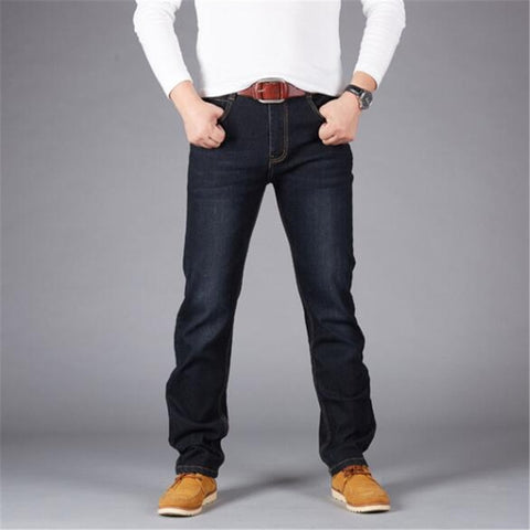 Plus Size 44 46 48 50 Man Jeans High Stretch Straight Long Slim Trousers Fashion Casual Black Blue Denim Male Business Jeanswear