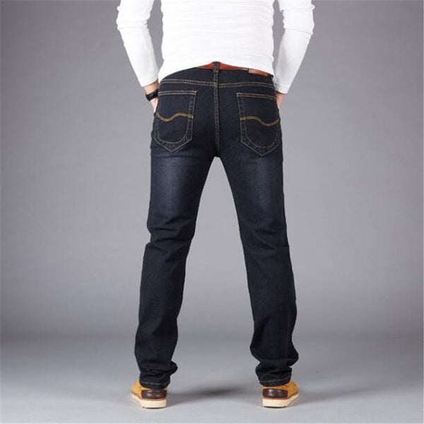 Plus Size 44 46 48 50 Man Jeans High Stretch Straight Long Slim Trousers Fashion Casual Black Blue Denim Male Business Jeanswear