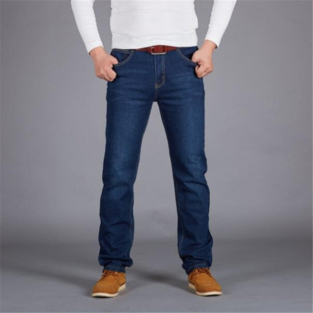 Plus Size 44 46 48 50 Man Jeans High Stretch Straight Long Slim Trousers Fashion Casual Black Blue Denim Male Business Jeanswear