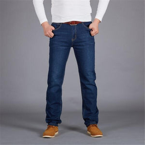 Plus Size 44 46 48 50 Man Jeans High Stretch Straight Long Slim Trousers Fashion Casual Black Blue Denim Male Business Jeanswear