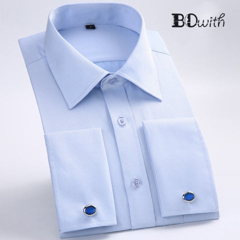 Light Blue Striped French Cufflink Men Shirt Long Sleeved Shirt Male Social Business Dress Work Men Business Shirts  Formal 4XL