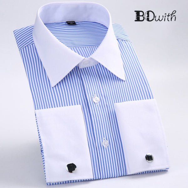 Light Blue Striped French Cufflink Men Shirt Long Sleeved Shirt Male Social Business Dress Work Men Business Shirts  Formal 4XL