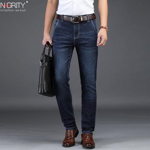 NIGRITY 2019 Men Jeans Business Casual Straight Slim Fit Blue Jeans Stretch Denim Pants Trousers Classic Big Size 29-42