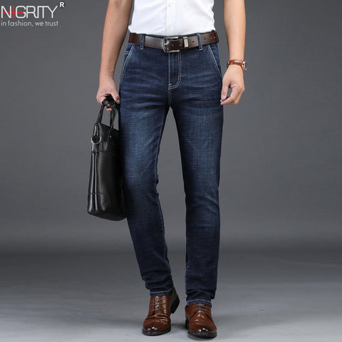 NIGRITY 2019 Men Jeans Business Casual Straight Slim Fit Blue Jeans Stretch Denim Pants Trousers Classic Big Size 29-42