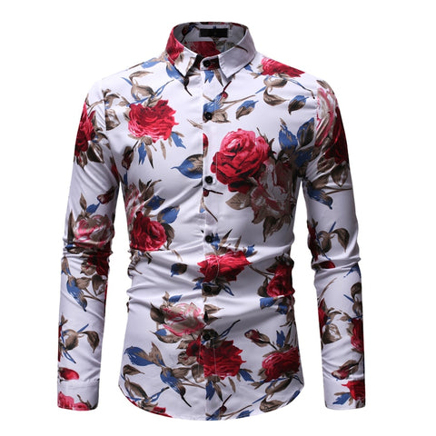 The roses Hot Sale Size: M-3XL / 2019 New Fashion Floral Print Slim Fit Shirts Men's Long Sleeve Casual Dress Shirts 23 Colors