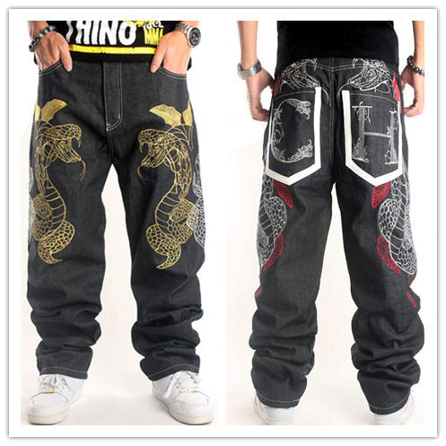 Fashion Baggy Style Men's Jeans HipHop Loose Big Pocket Boys Skateboard Rap Punk Distressed Black Cowboy Trousers Plus Size 46