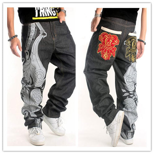 Fashion Baggy Style Men's Jeans HipHop Loose Big Pocket Boys Skateboard Rap Punk Distressed Black Cowboy Trousers Plus Size 46